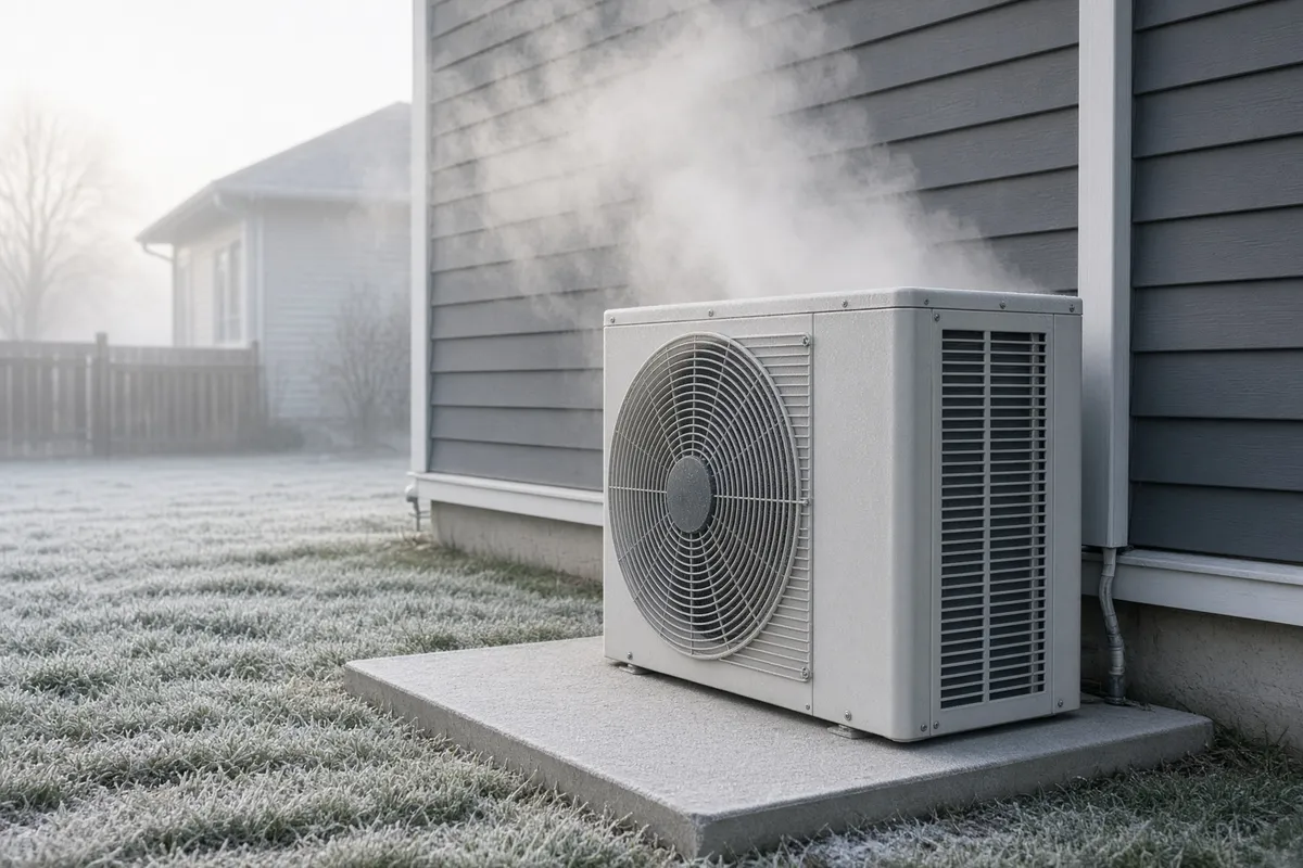 Normal defrost: in cold, damp weather a heat pump’s outdoor unit can give off steam for a few minutes.